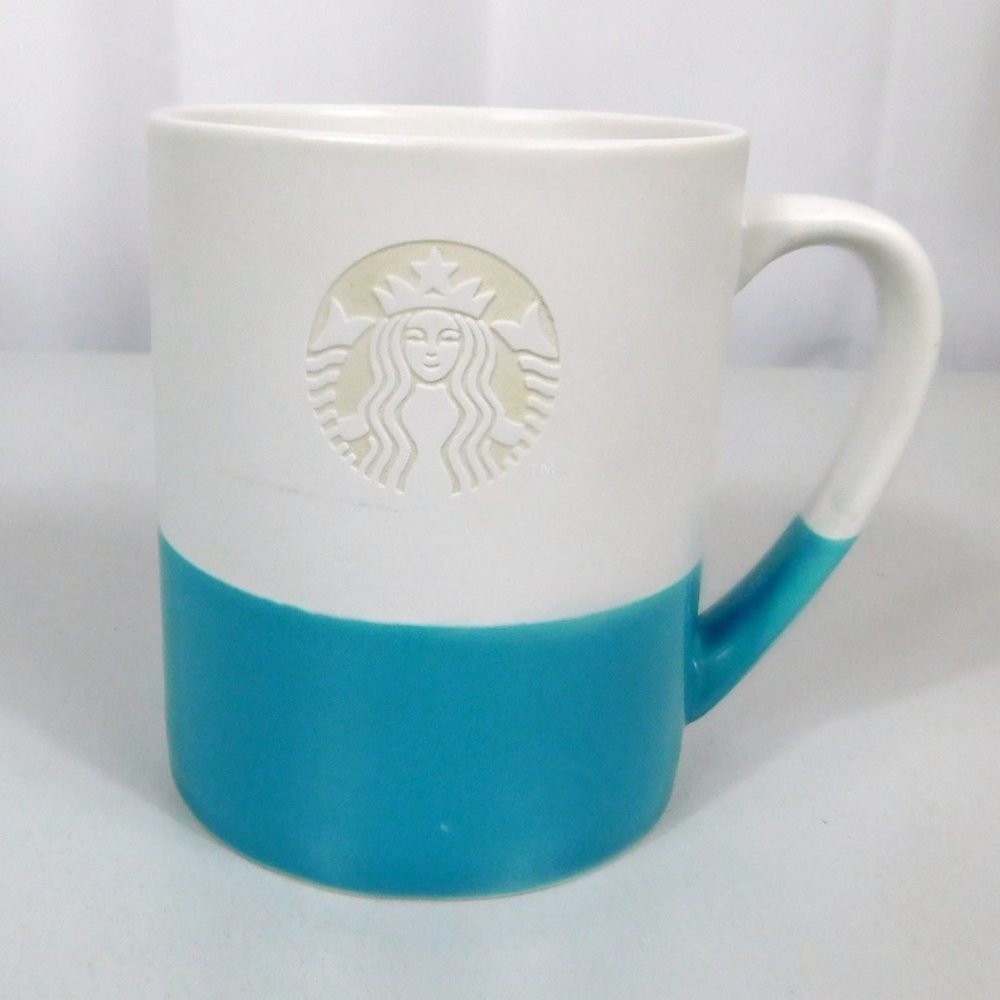 Starbucks Hand Dipped Siren Etched Coffee Mug 14 oz Blue White 2014